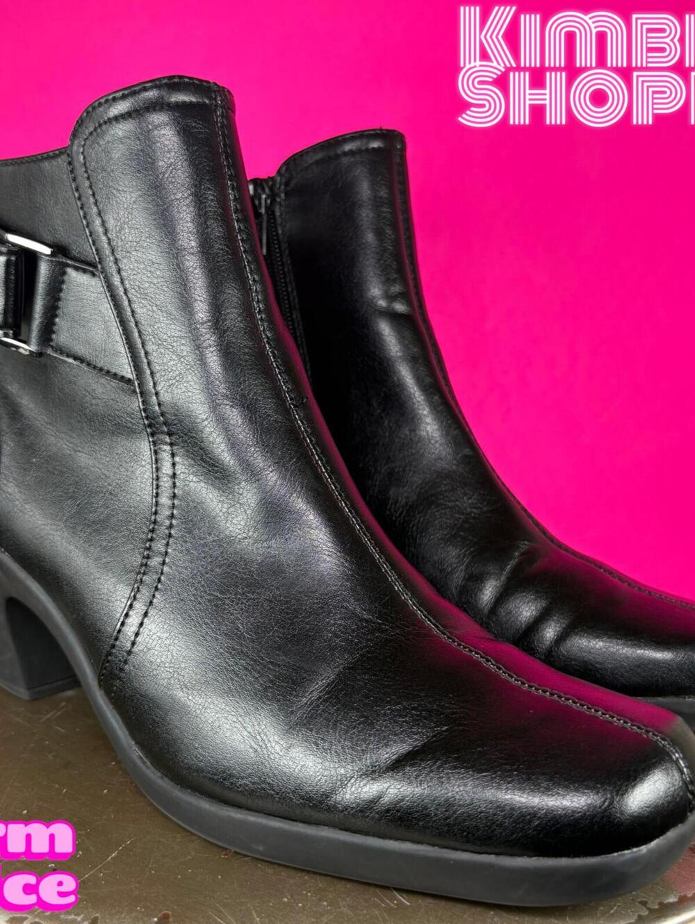 Aerosoles Black Faux Leather Square Toe Sculpted Heel Ankle Boot US 8.5 UK 6.5